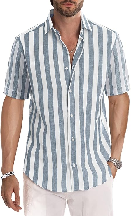 JMIERR Men's Casual Stylish Short Sleeve Button-Up Striped Shirt