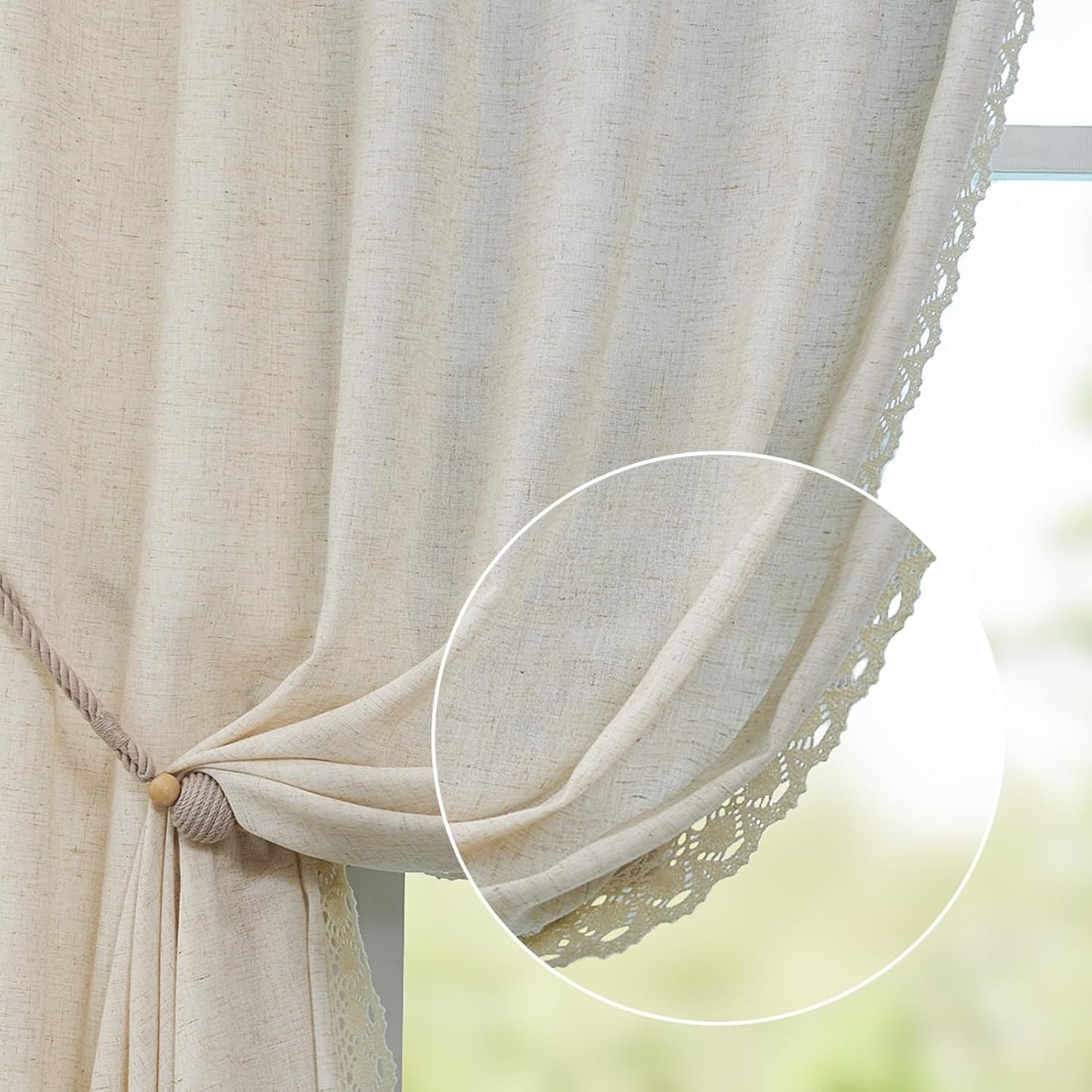 jinchan Linen Lace Curtains with Trim for Vintage Farmhouse Style