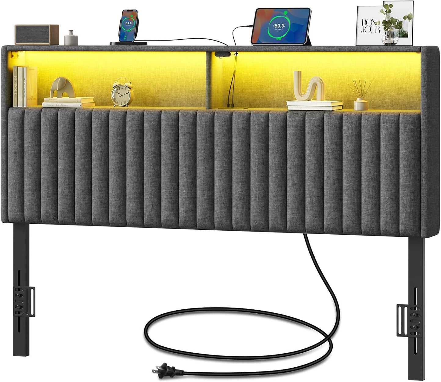 Rolanstar Velvet Upholstered Headboard with LED & USB Ports
