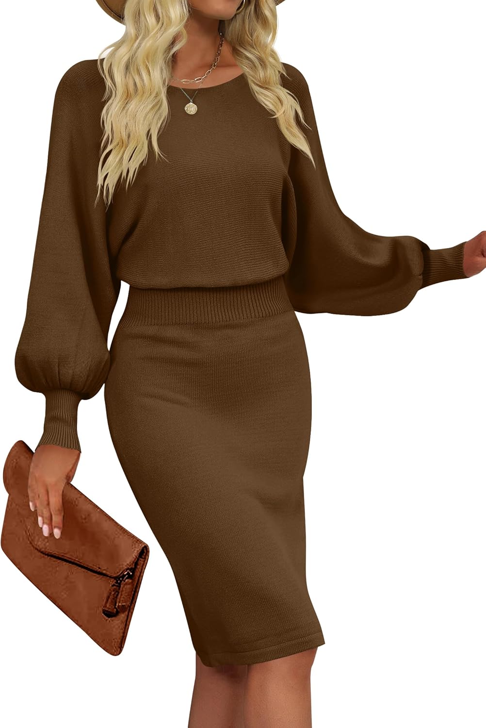 MIROL Women's Casual Long Puff Sleeve Bodycon Midi Dress