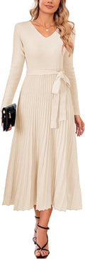 Wool Blend Tie Waist Pleated Fall Sweater Dress - Flattering, Soft Fit