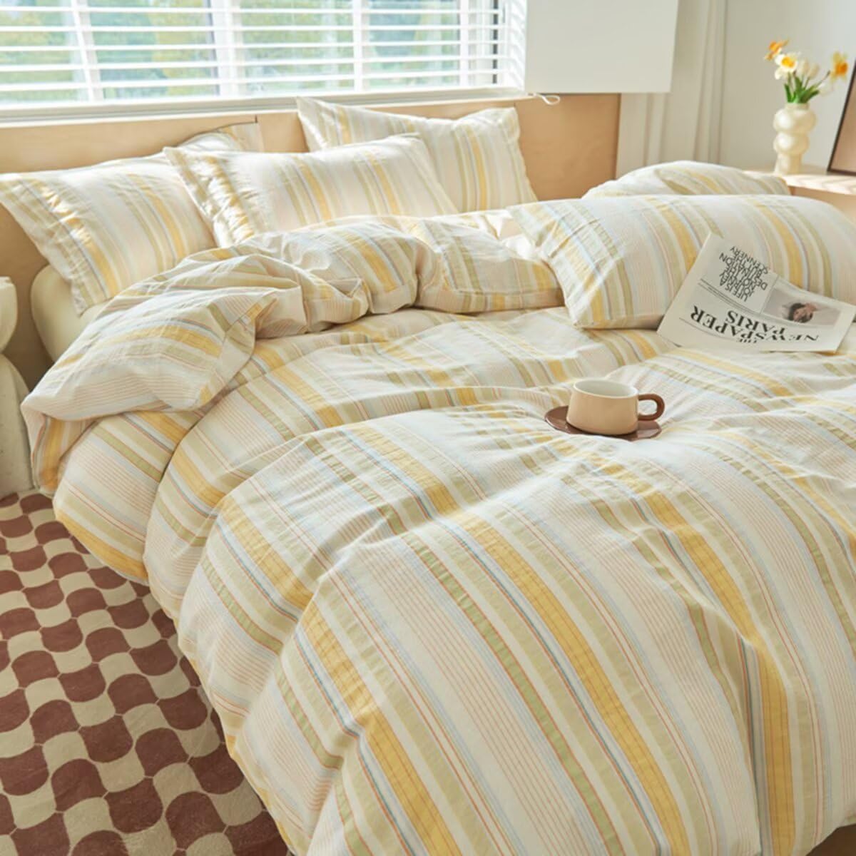 Mucalis Yellow Striped Duvet Cover Set Queen for Modern Bedding