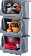 Open Front Storage Bins Large 3-Pack - Heavy Duty Stackable Storage