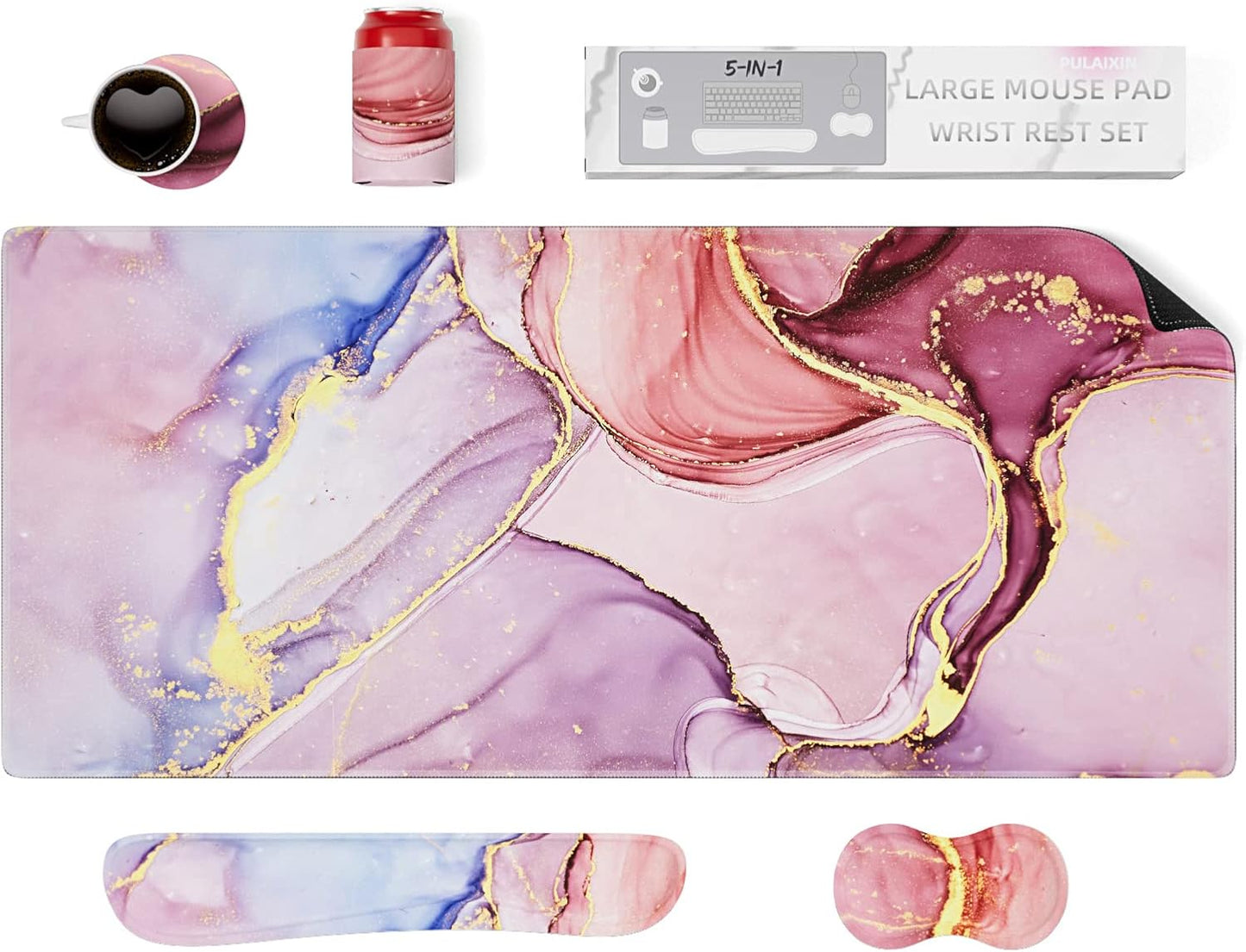 PULAIXIN 5-in-1 Pink Marble Desk Mat Combo