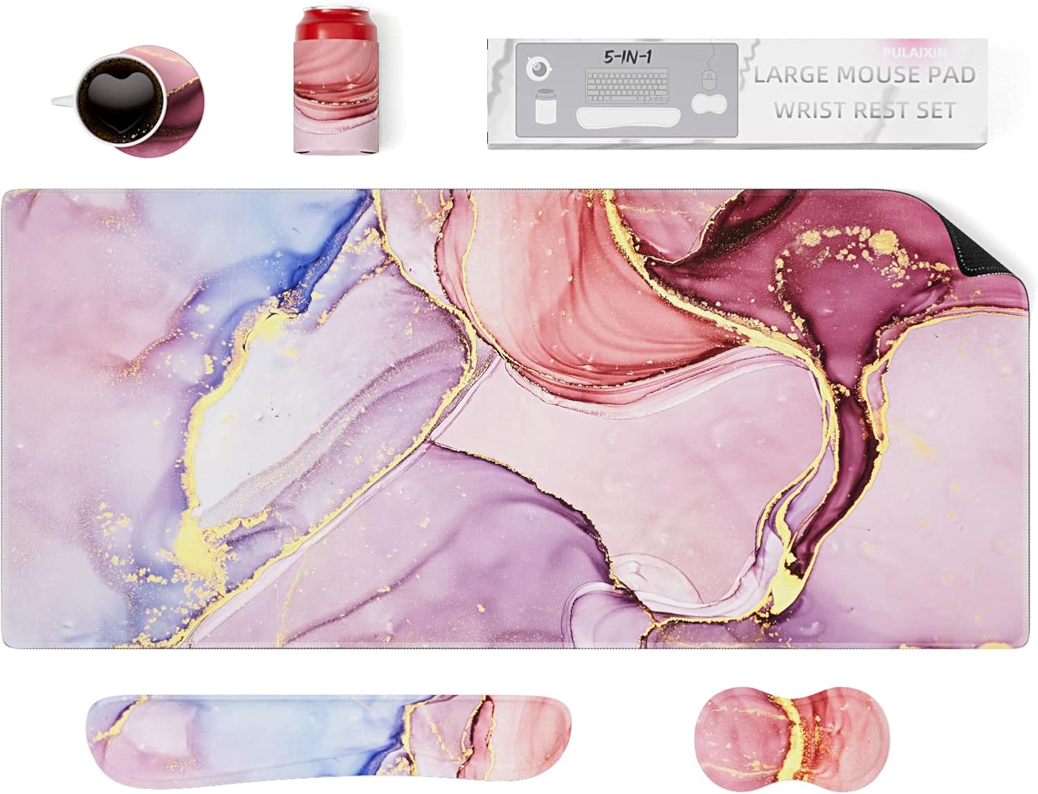 PULAIXIN 5-in-1 Pink Marble Desk Mat Combo