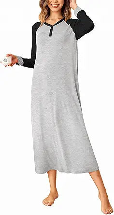Ekouaer Nightgown Long Sleeve Sleepwear V Neck Loungewear