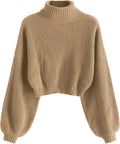 ZAFUL Cropped Turtleneck Sweater Lantern Sleeve Ribbed Knit - Cozy Fit