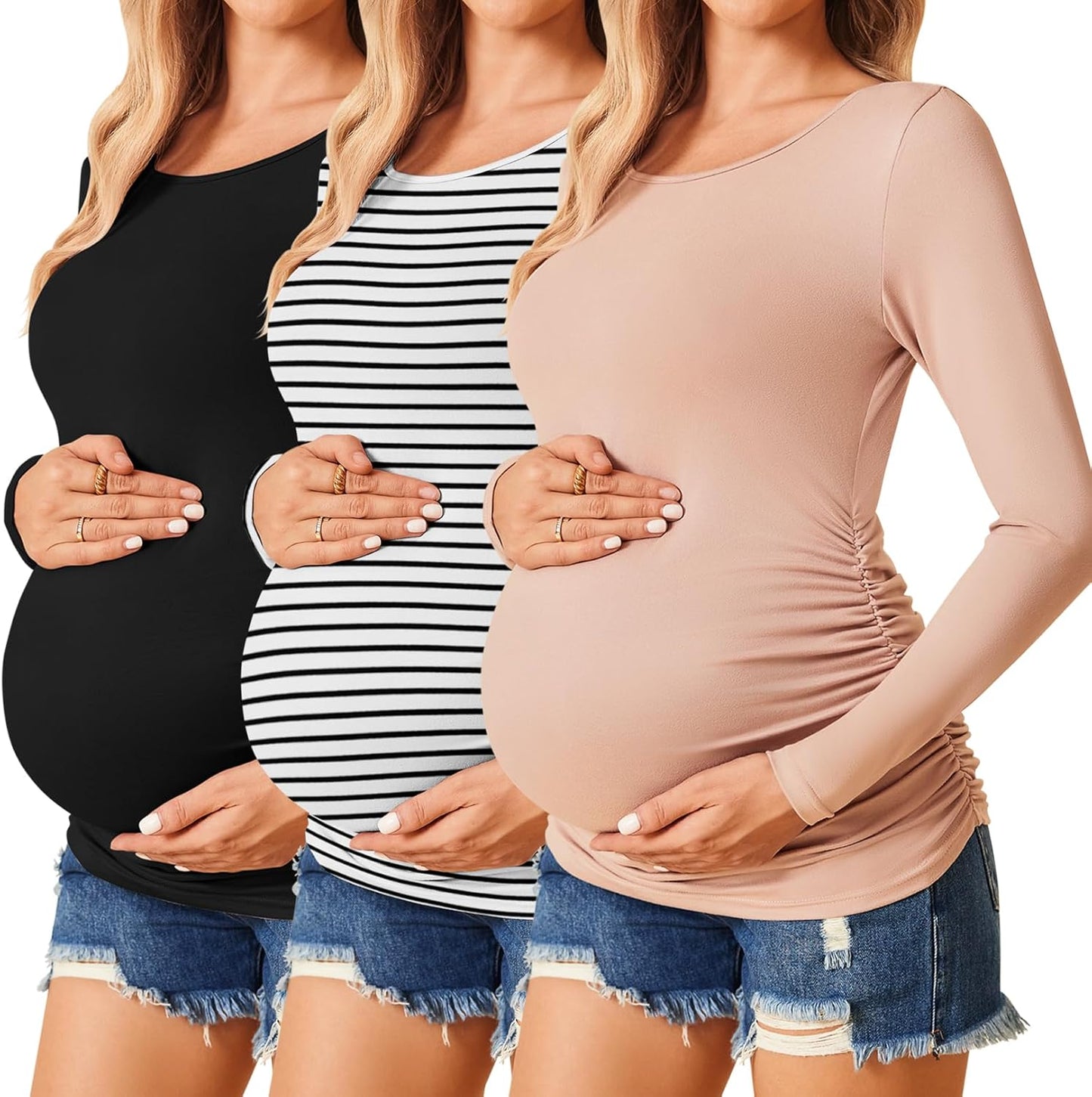 Ekouaer Womens Maternity Shirts Long Sleeve 3 Packs for Moms