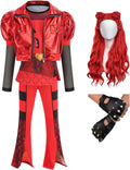 Girls Red Costume Set Jacket Shirt Flared Pants Wig Gloves - Party