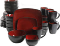 Red Black Soho Lounge Square Stoneware Dinnerware Set for 8 - Reactive