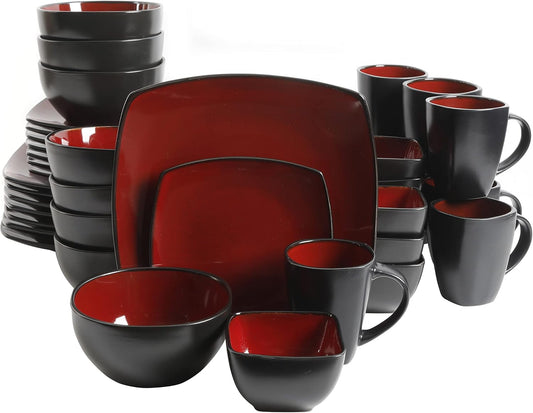 Gibson Elite Soho Lounge Square Dinnerware Set for 8, Red/Black
