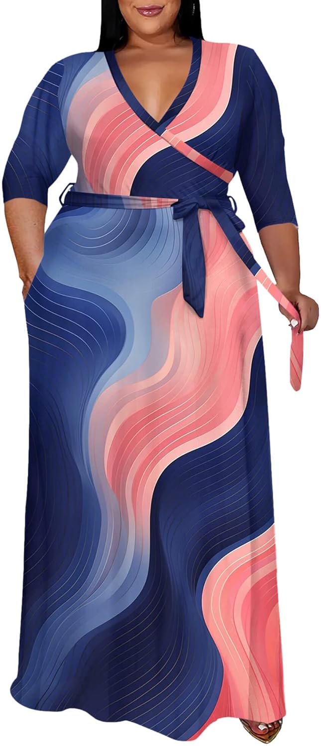 Runwind Plus Size Dress for Women - Elegant V Neck Maxi Style
