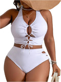 SOLY HUX Plus Size Lace Up High Waist Bikini Set - Flattering Tummy