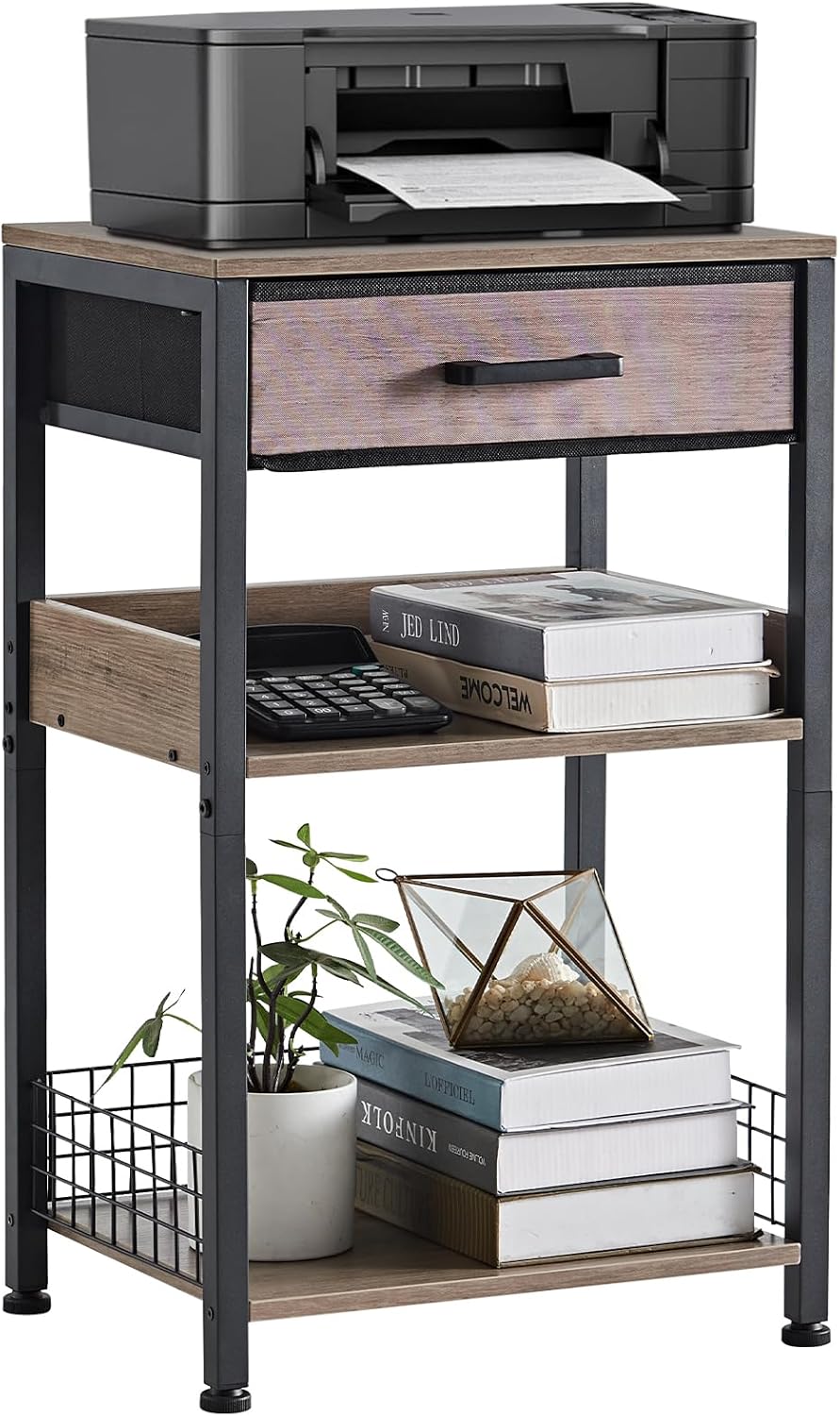Lerliuo Grey Printer Stand with Fabric Drawer for Home Office