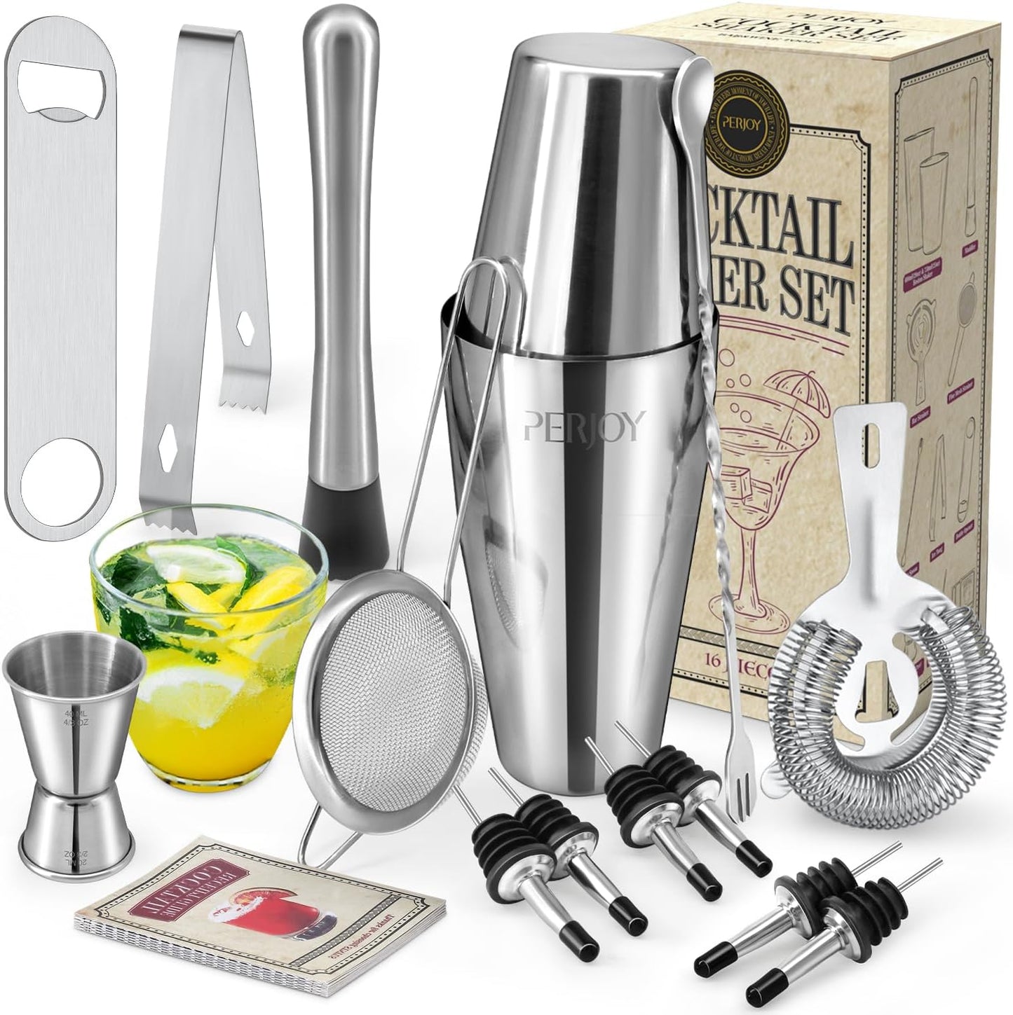 Perjoy 16-Piece Stainless Steel Cocktail Set - Master Mixology at Home