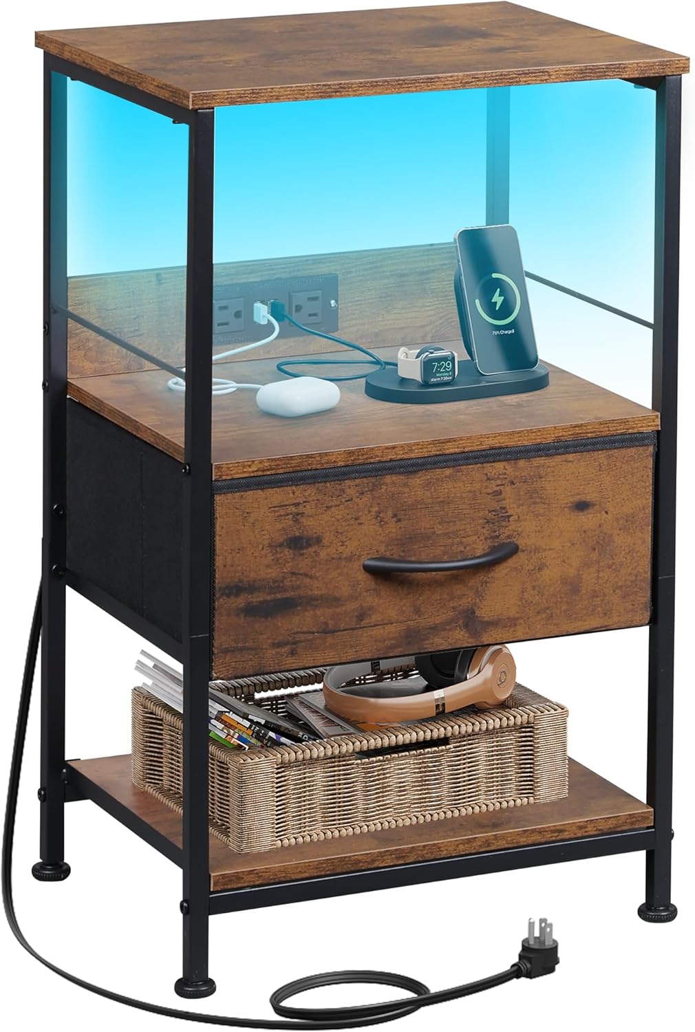 WLIVE Night Stand with Charger Station and LED Light Features