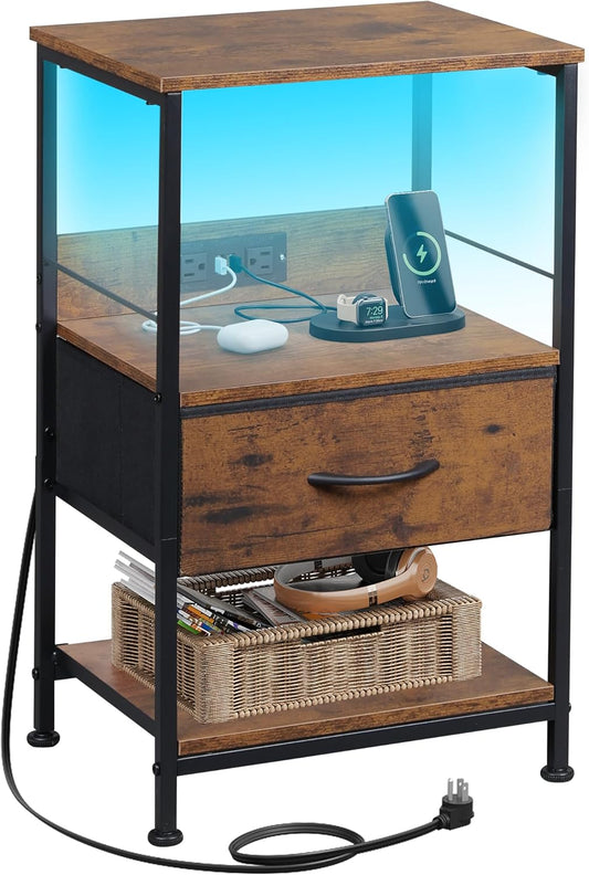 WLIVE Night Stand with Charger Station and LED Light Features