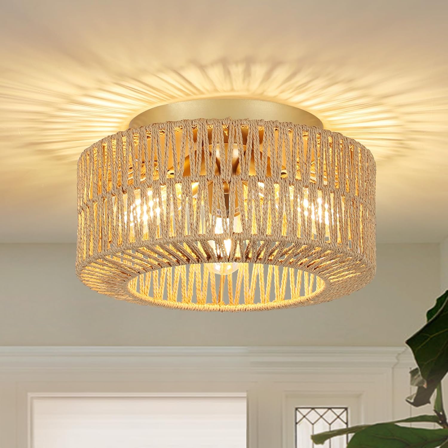 Boho Light Fixtures: 3-Light Rattan Ceiling Light for Home