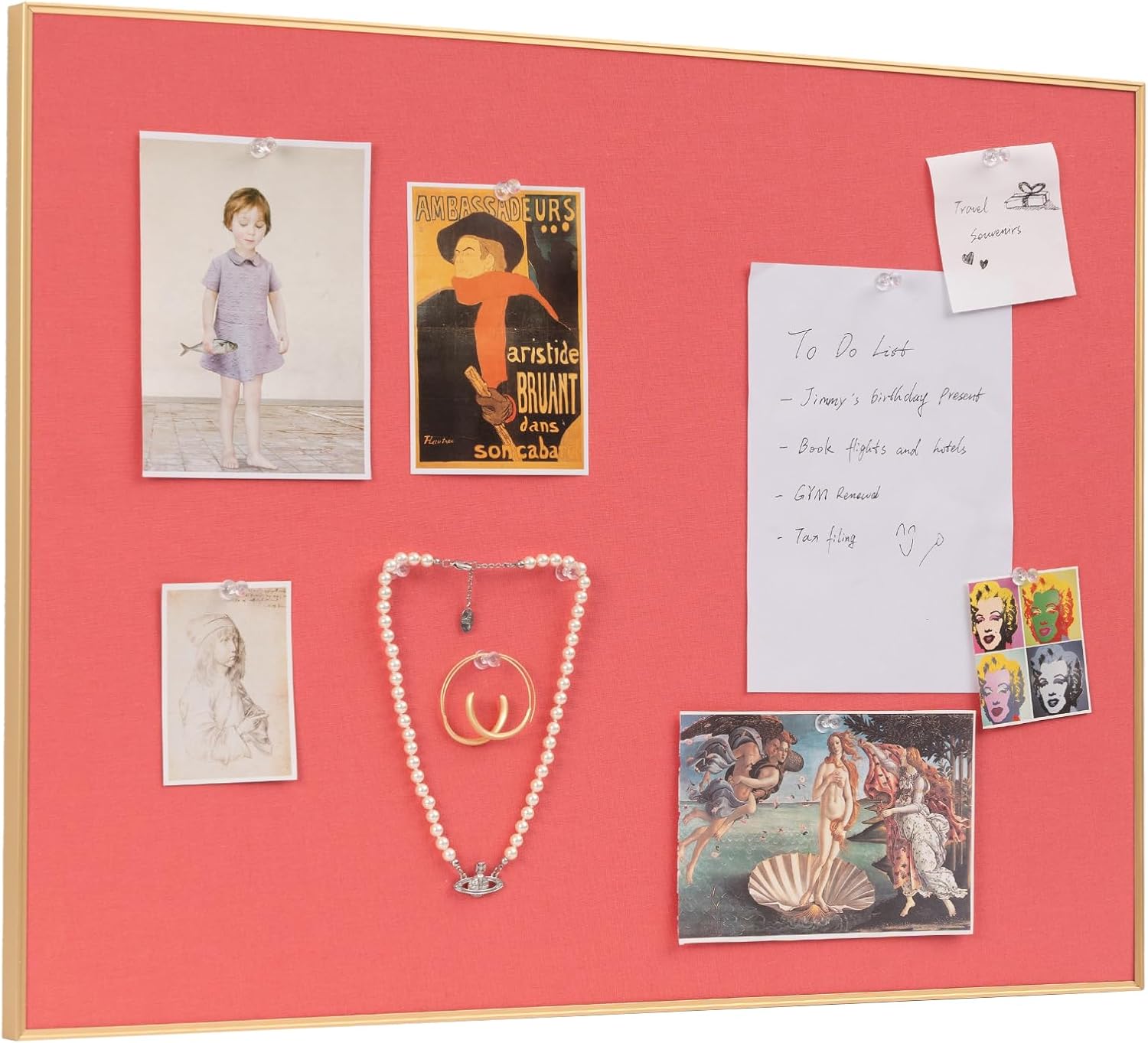 Coral Red Bulletin Board with Golden Frame for Home or Office