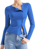 Women Button Down Ribbed Modal Long Sleeve Top - Fitted Going Out