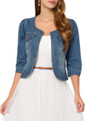 Allegra K Denim Jacket Collarless Crop Cardigan - Lightweight Layer