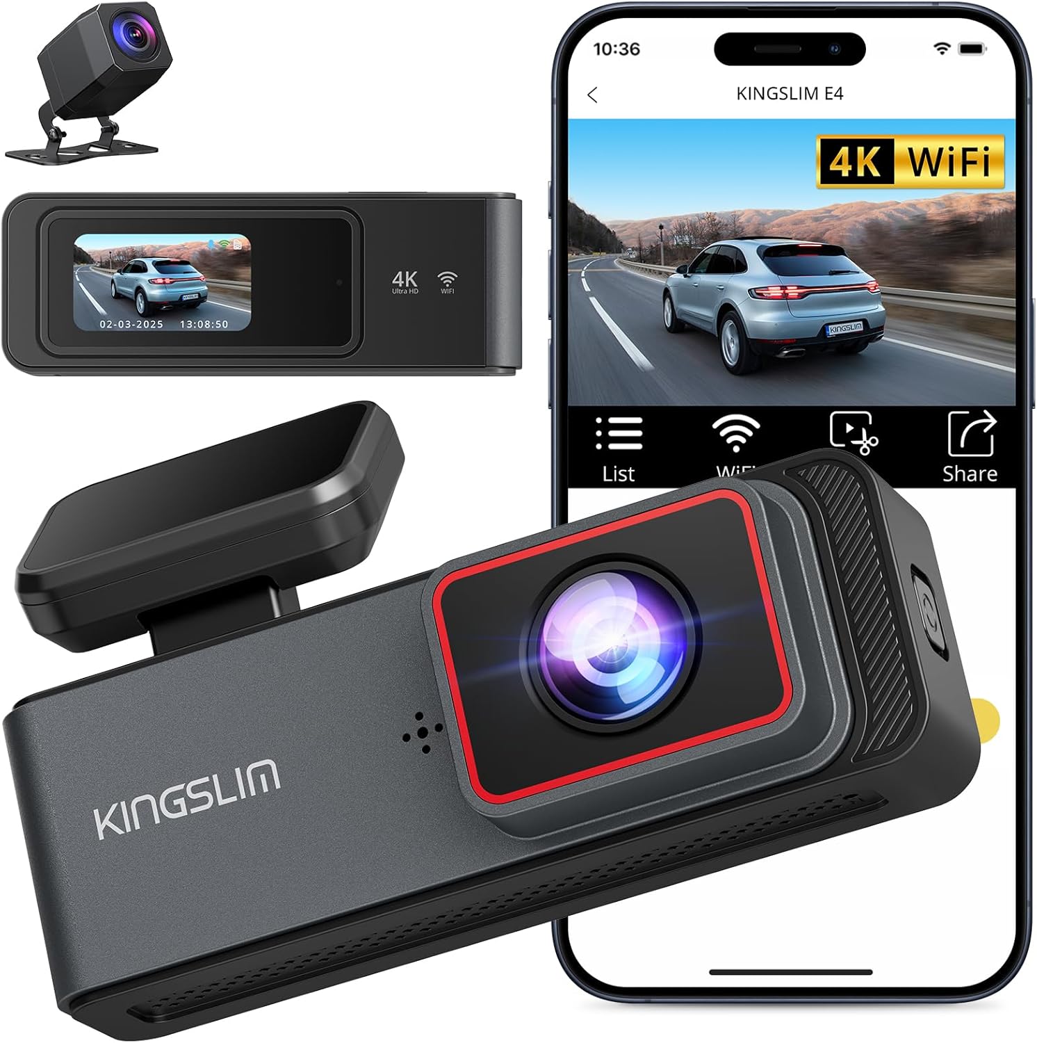 Kingslim E4 4K Dual Dash Cam - Clear Front and Rear View