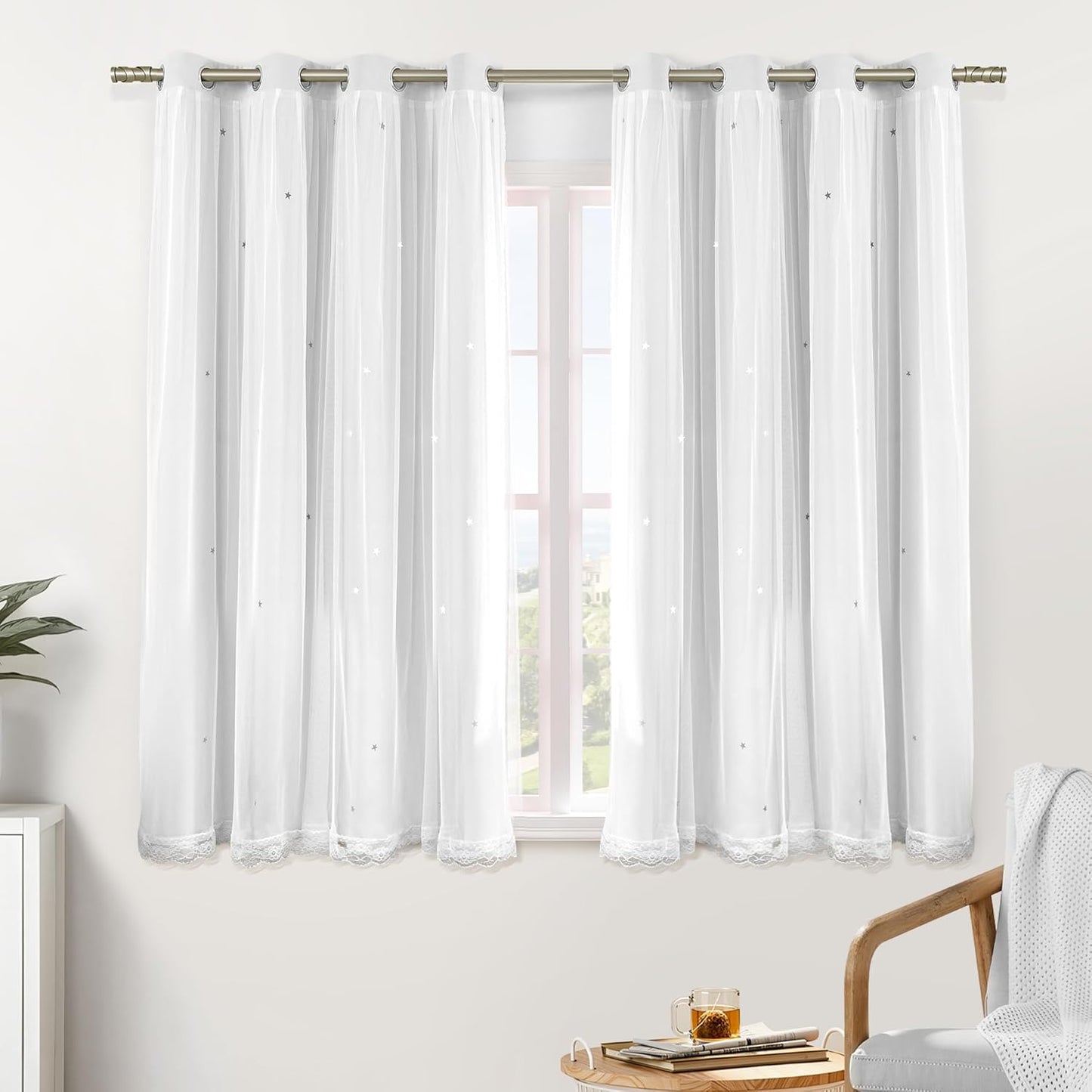 XiDi White Curtains with Sheer Overlay for Kids Bedroom Decor