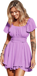 EXLURA Women's Ruffle Short Sleeve Tie Back Romper Dress - Cute