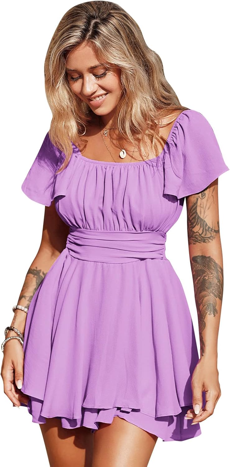 EXLURA Women's Summer Ruffle Short Sleeve Tie Back Romper Dress