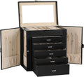 Black 6-Tier Jewelry Box Organizer with Mirror - Large PU Leather