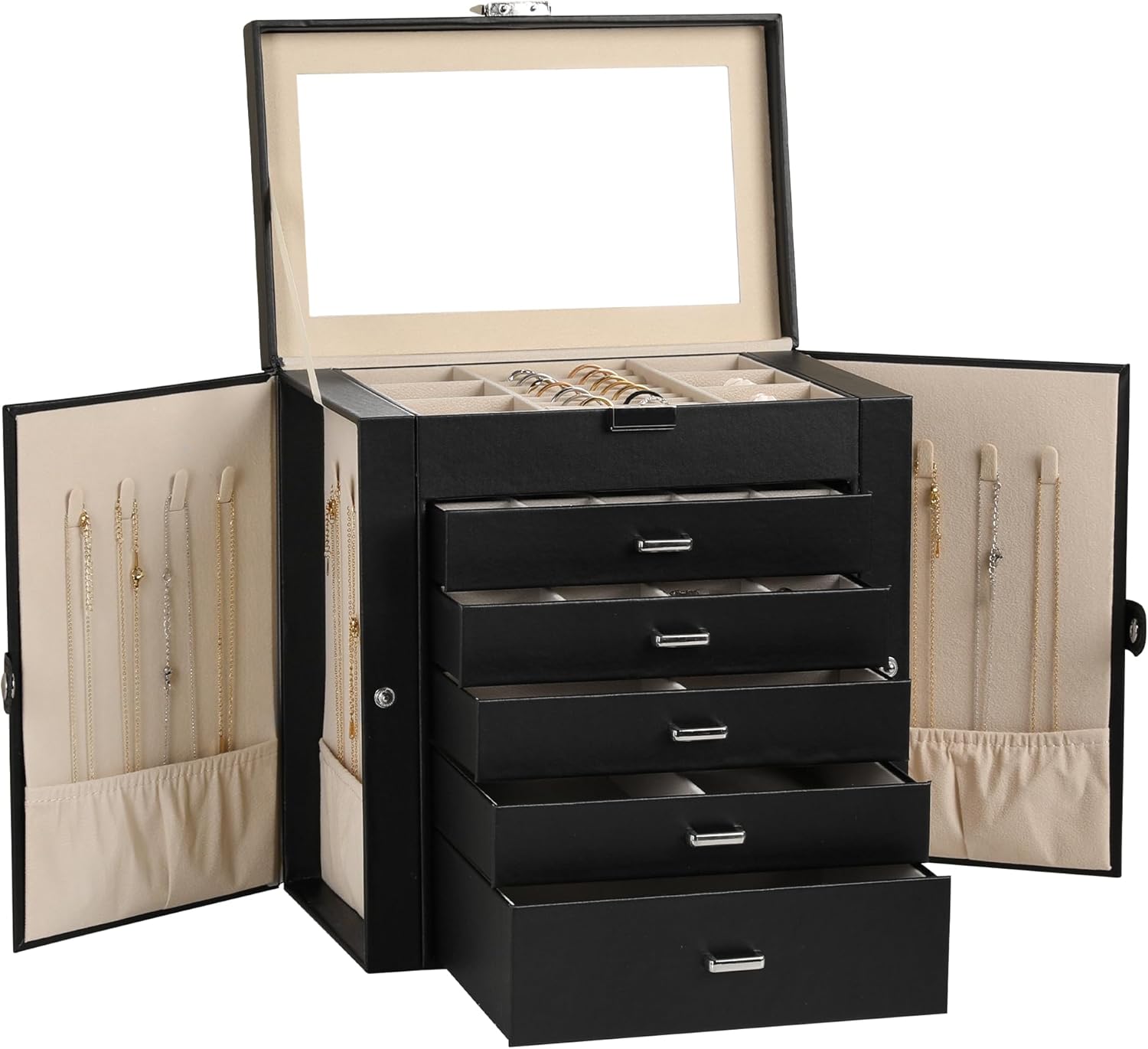 Frebeauty Large Jewelry Box with Mirror and 6-Tier Storage