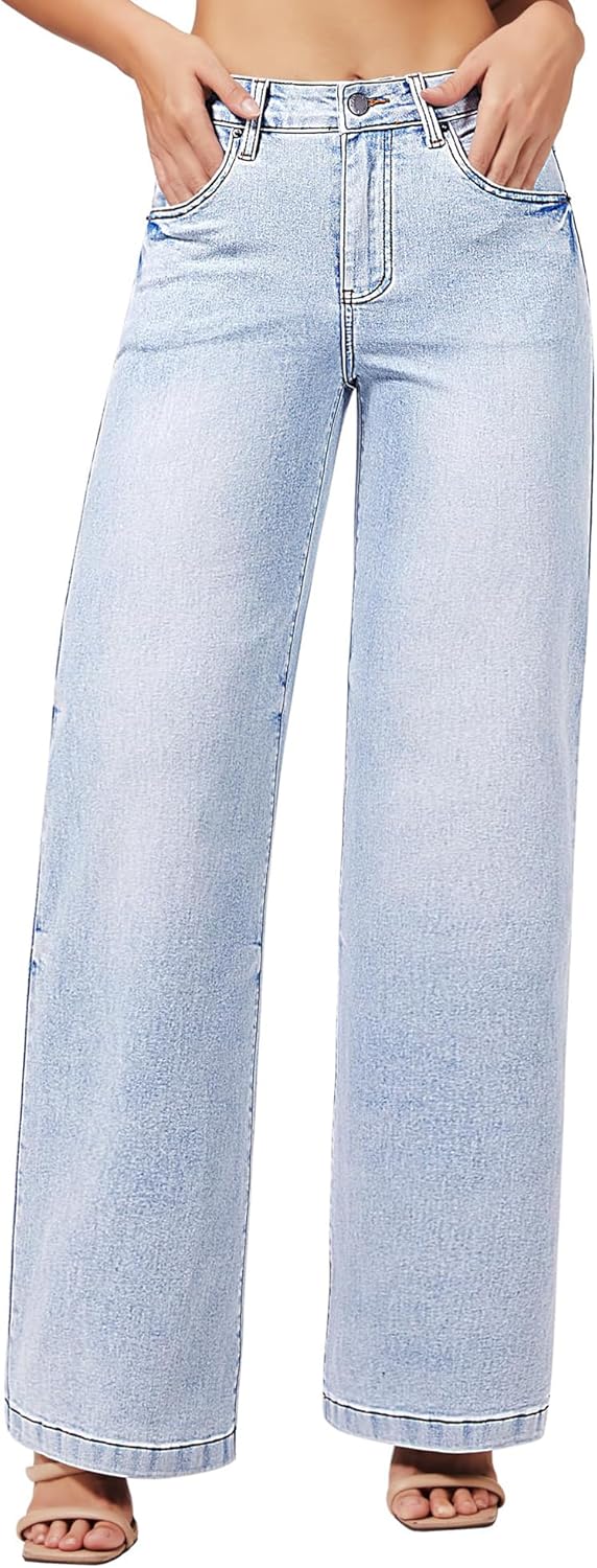 Roswear Women's Wide Leg Jeans High Waisted Stretchy Denim Pants