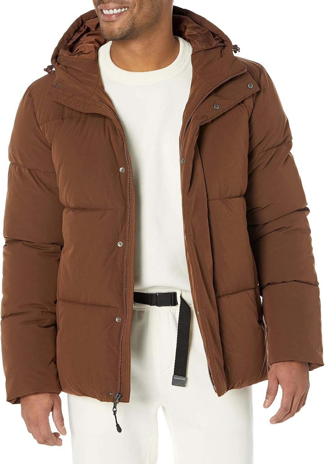 Mens Mid-Length Hooded Puffer Coat for Cold Weather Comfort