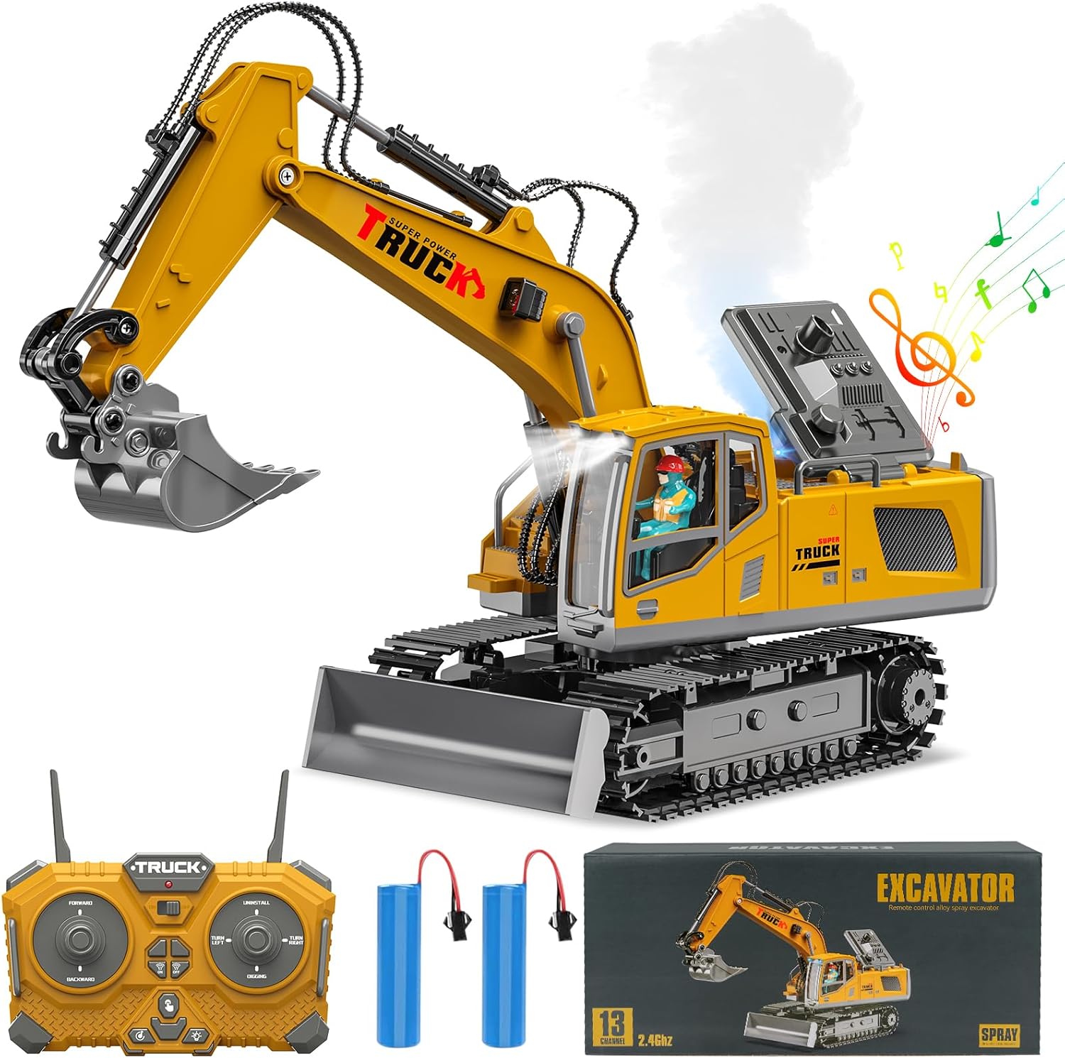 XIKERAY Remote Control Excavator - Realistic Sounds, Lights, Spray