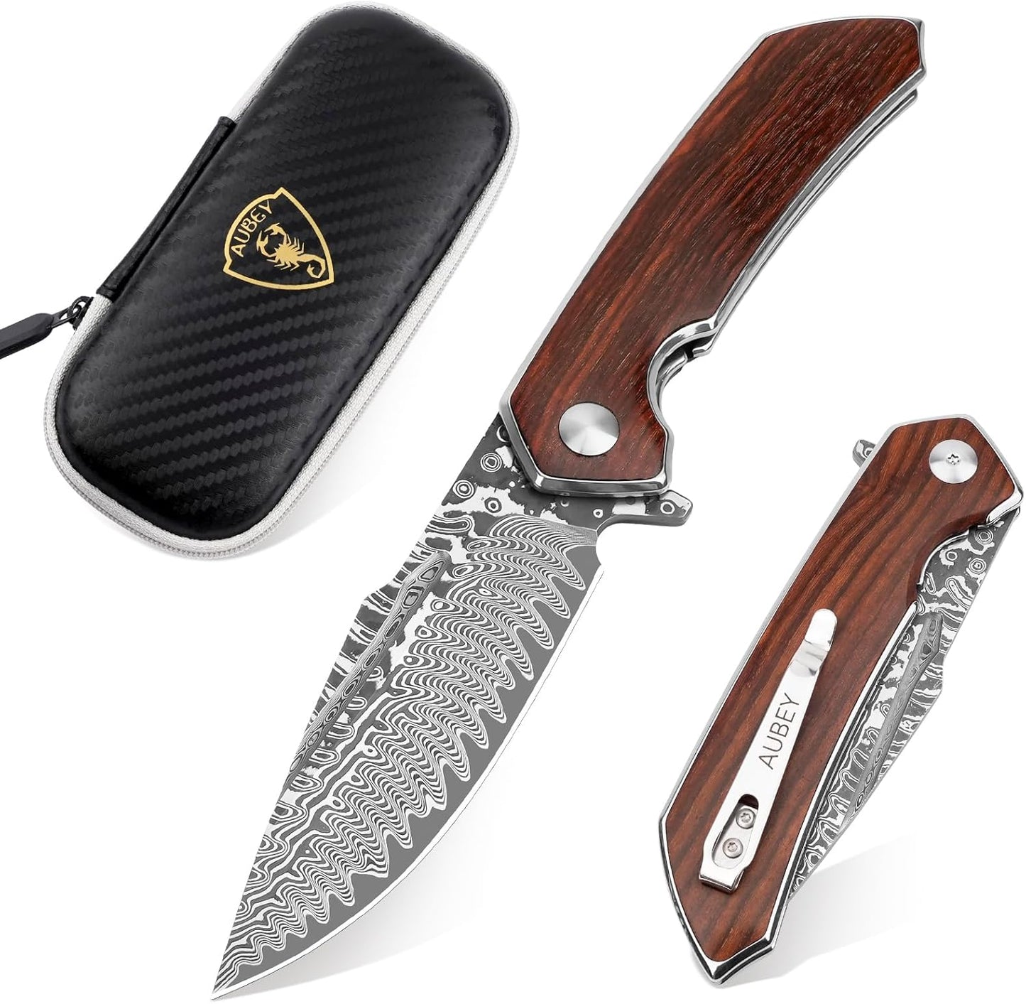 AUBEY Damascus Pocket Knife with Clip for Outdoor Adventures