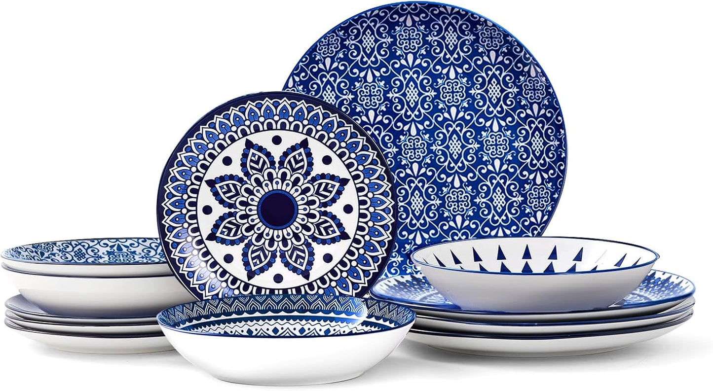 Bestone Porcelain Dinnerware Sets for 4, 12 pcs Vintage Blue