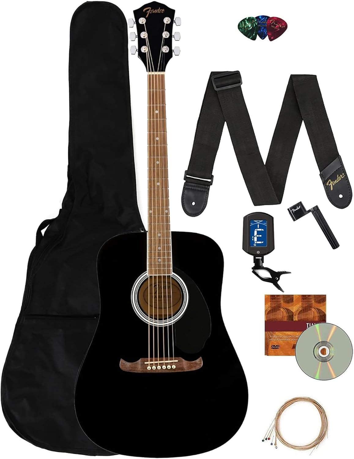 Fender Black Acoustic Guitar Bundle - Complete Kit for Beginners