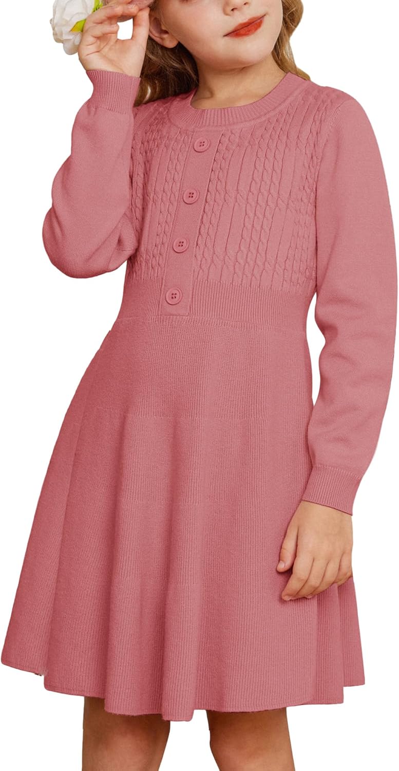 GRACE KARIN Girl Dress Long Sleeve Sweater Ruffle Button Front
