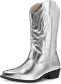 Women's Mid-Calf Embroidered Cowboy Boots - Comfortable Pull-On Style
