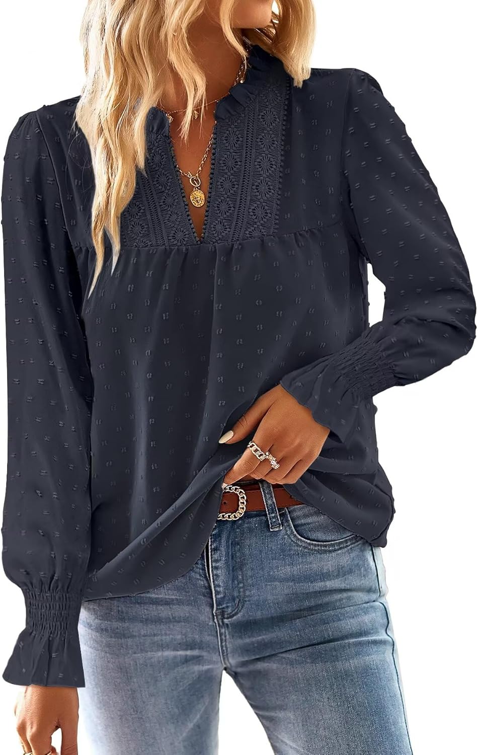Boho Tops for Women V Neck Blouses Flowy Swiss Dot Style