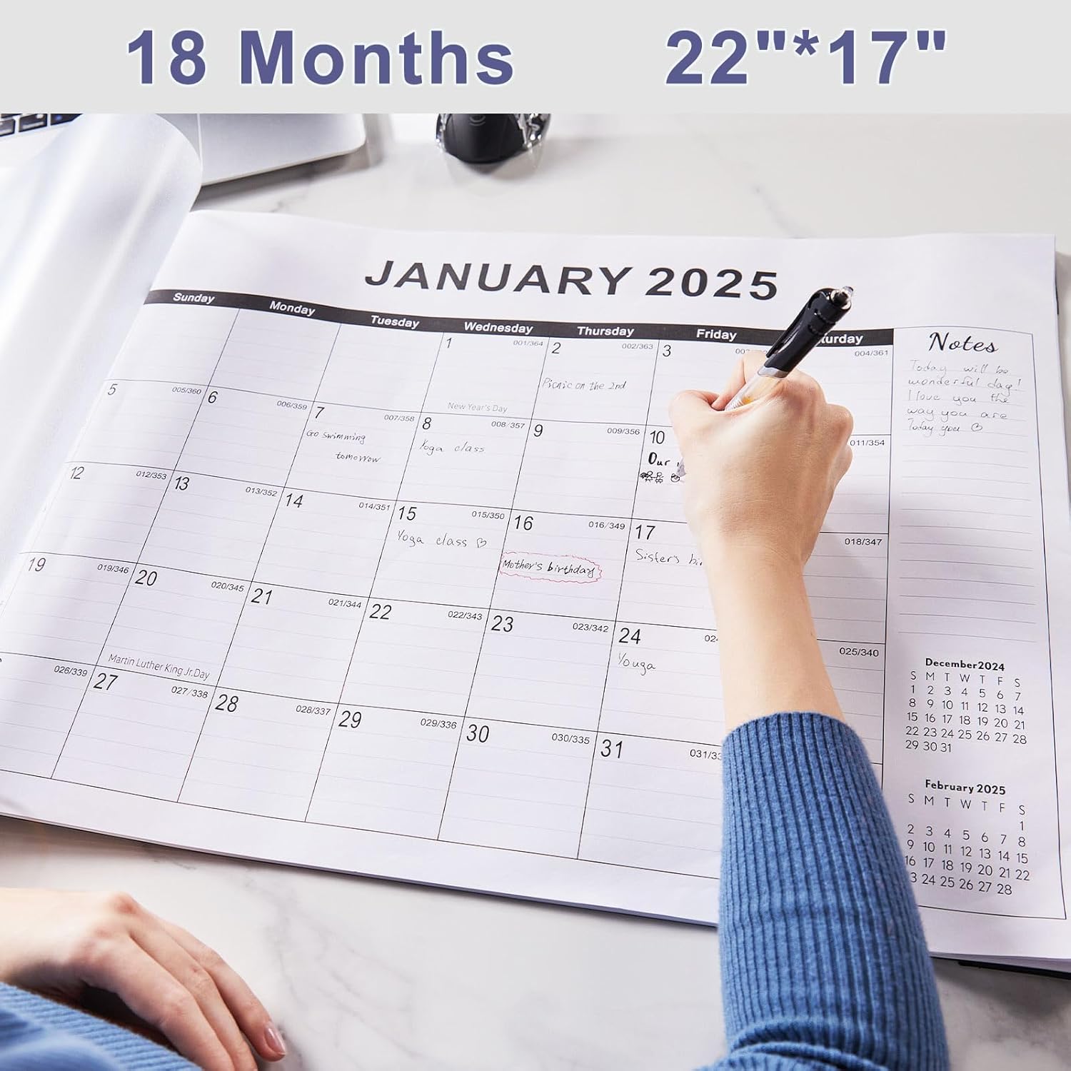 Large 2025 Desk Calendar: 22x17 Size, Plastic Cover, Notes Section
