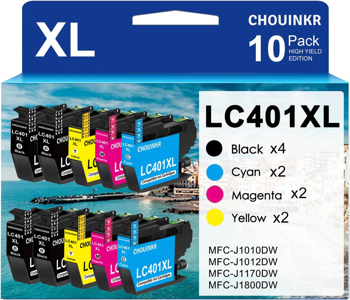 High Yield LC401XL Ink Cartridges for Brother Printers, 10 Pack