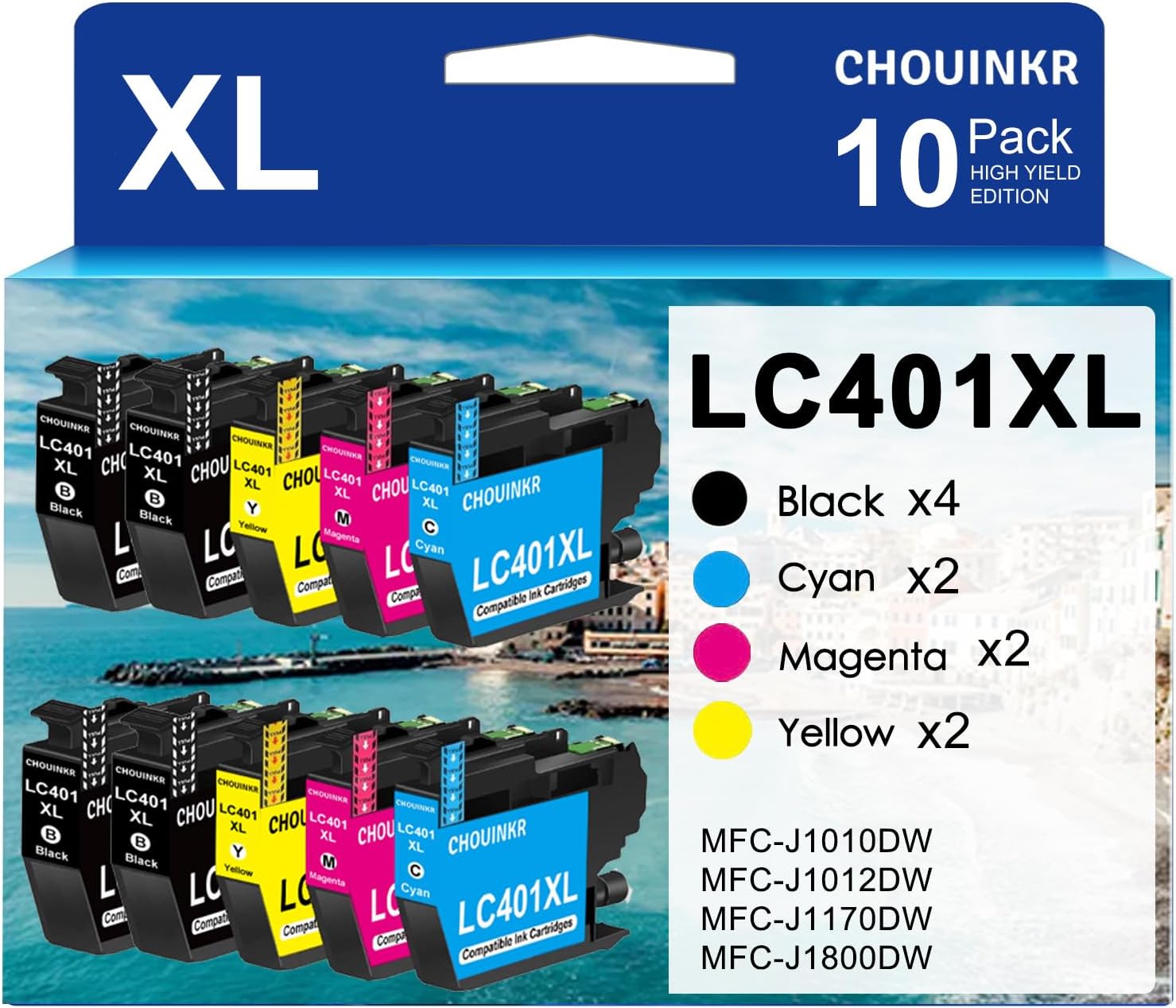 High Yield LC401XL Ink Cartridges for Brother Printers, 10 Pack