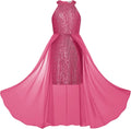 Girls Sequin Halter Dress with Chiffon Train - Sparkly Party Dress