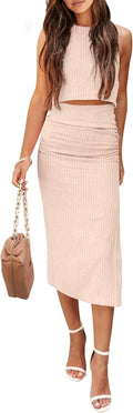 PRETTYGARDEN Women's 2 Piece Summer Outfits - Flattering Ribbed Midi