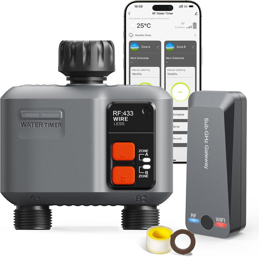 WiFi Sprinkler Timer 2 Zone with 984 Feet RF Gateway for Gardens