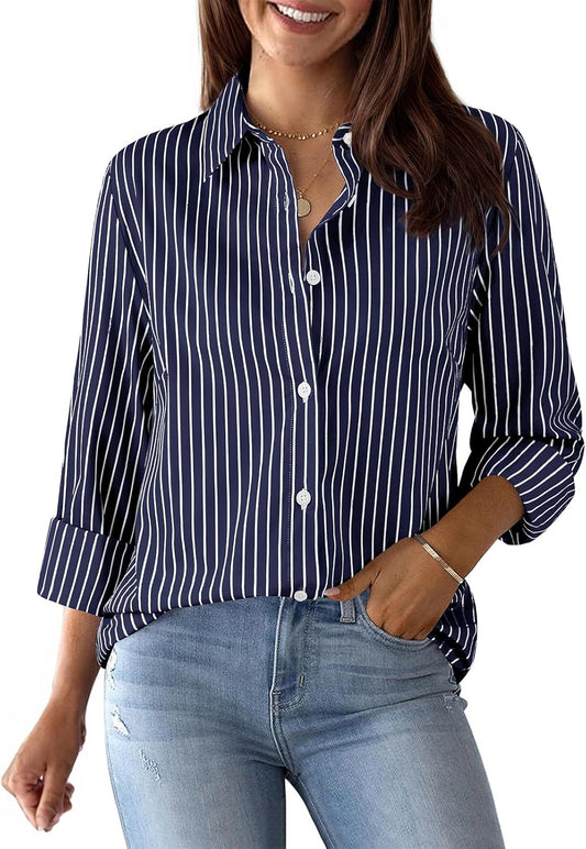 Womens Button Down Shirts Cotton Striped Dress Shirt Long Sleeve
