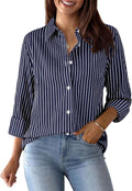 Womens Cotton Striped Button Down Shirt - Long Sleeve Office Blouse