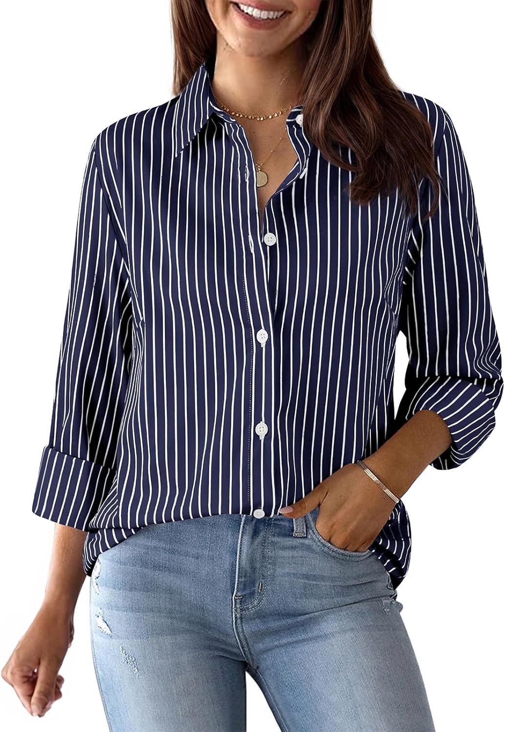 Womens Button Down Cotton Striped Dress Shirt for Office Wear