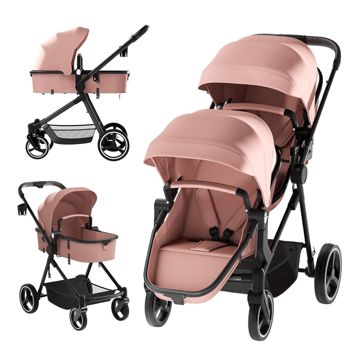 Lightweight Double Stroller for Twins with Adjustable Backrest